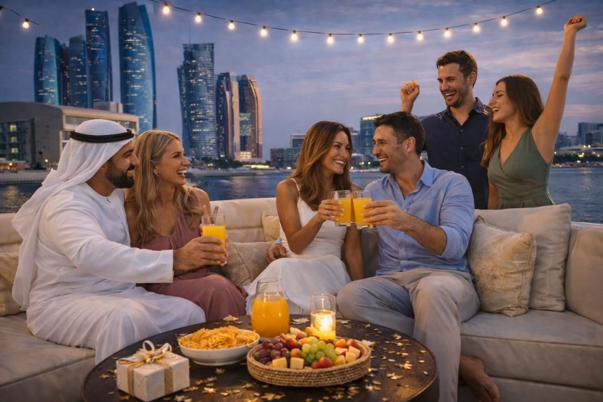 Friends party on luxury yacht in Abu Dhabi with soft drinks