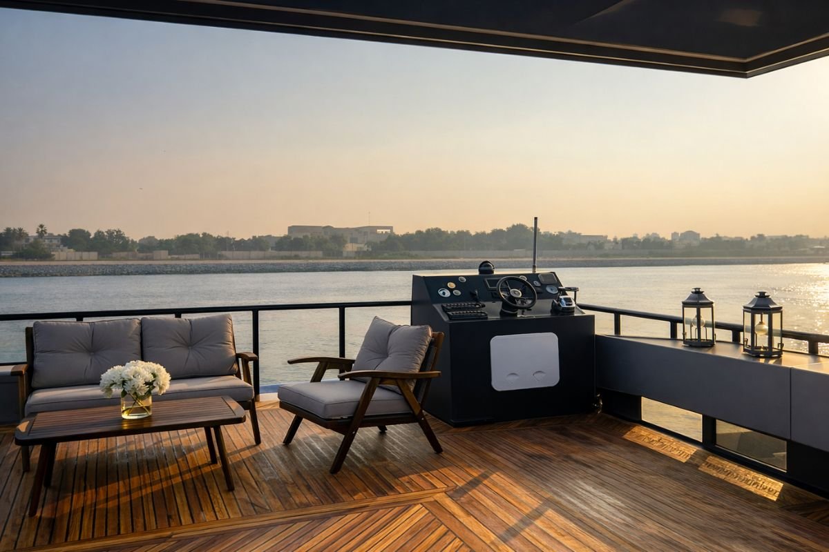 Interior seating area of Miss Kim House Boat