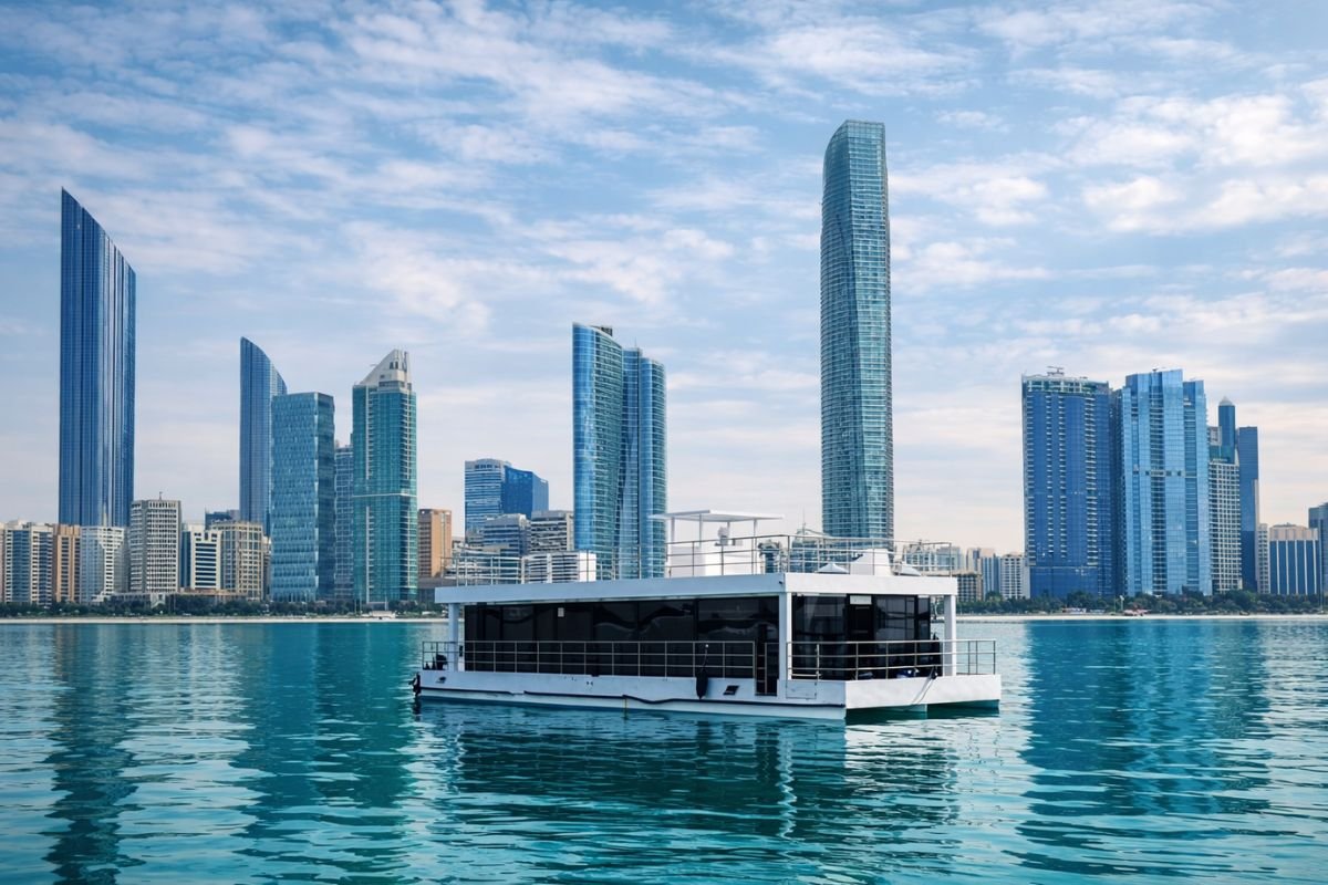 Elegant houseboat with Ramadan lanterns sailing near Moroccan coast