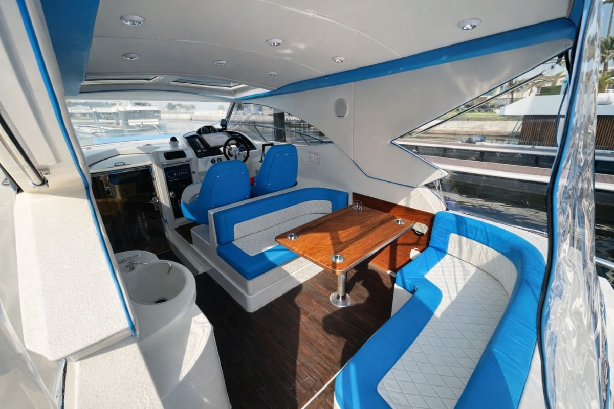 Interior seating area of Panda 1 luxury yacht in Abu Dhabi