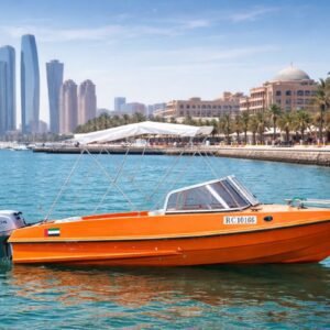Tourists smiling on a rented self drive boat in Abu Dhabi sea