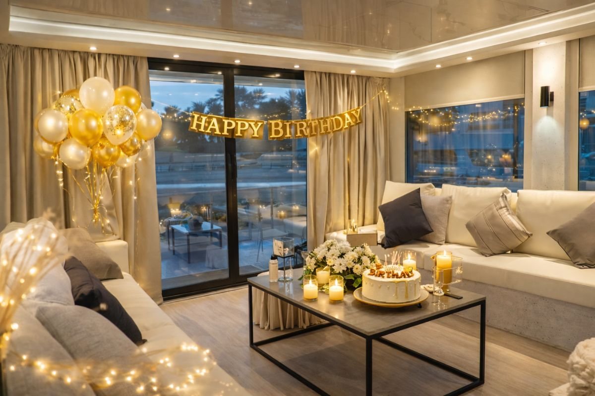 Birthday celebration setup on luxury yacht outdoor lounge
