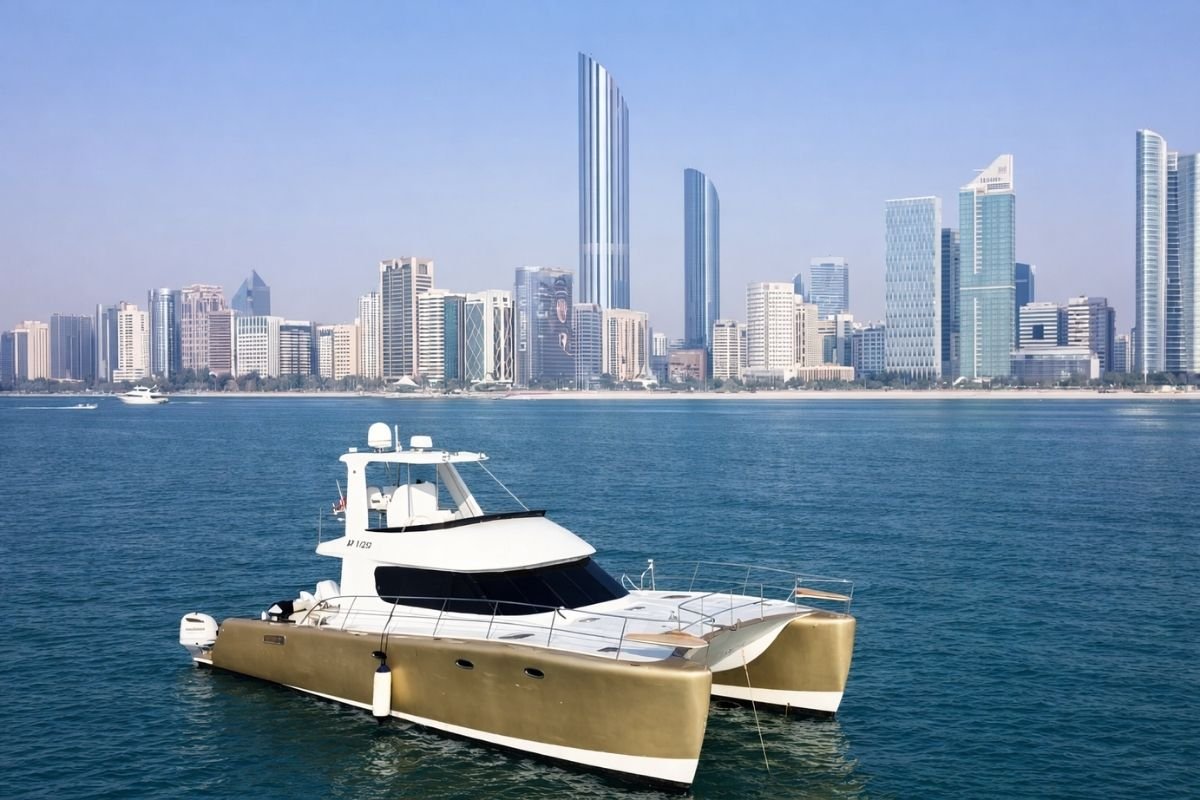Catamaran interior decorated for a birthday celebration with balloons, cake, and soft drinks, creating a warm and inviting private event atmosphere.