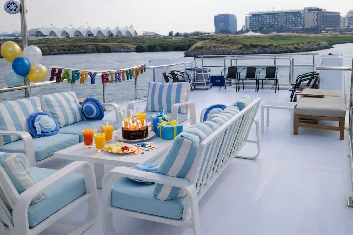 Elegant interior of the Lavy yacht decorated for a birthday celebration with balloons, cake, soft drinks, and stylish seating