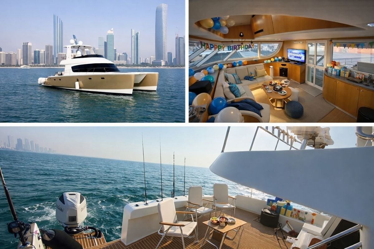 Guests enjoying a casual gathering on a catamaran deck with food and seating, showcasing a relaxed and social yachting experience.