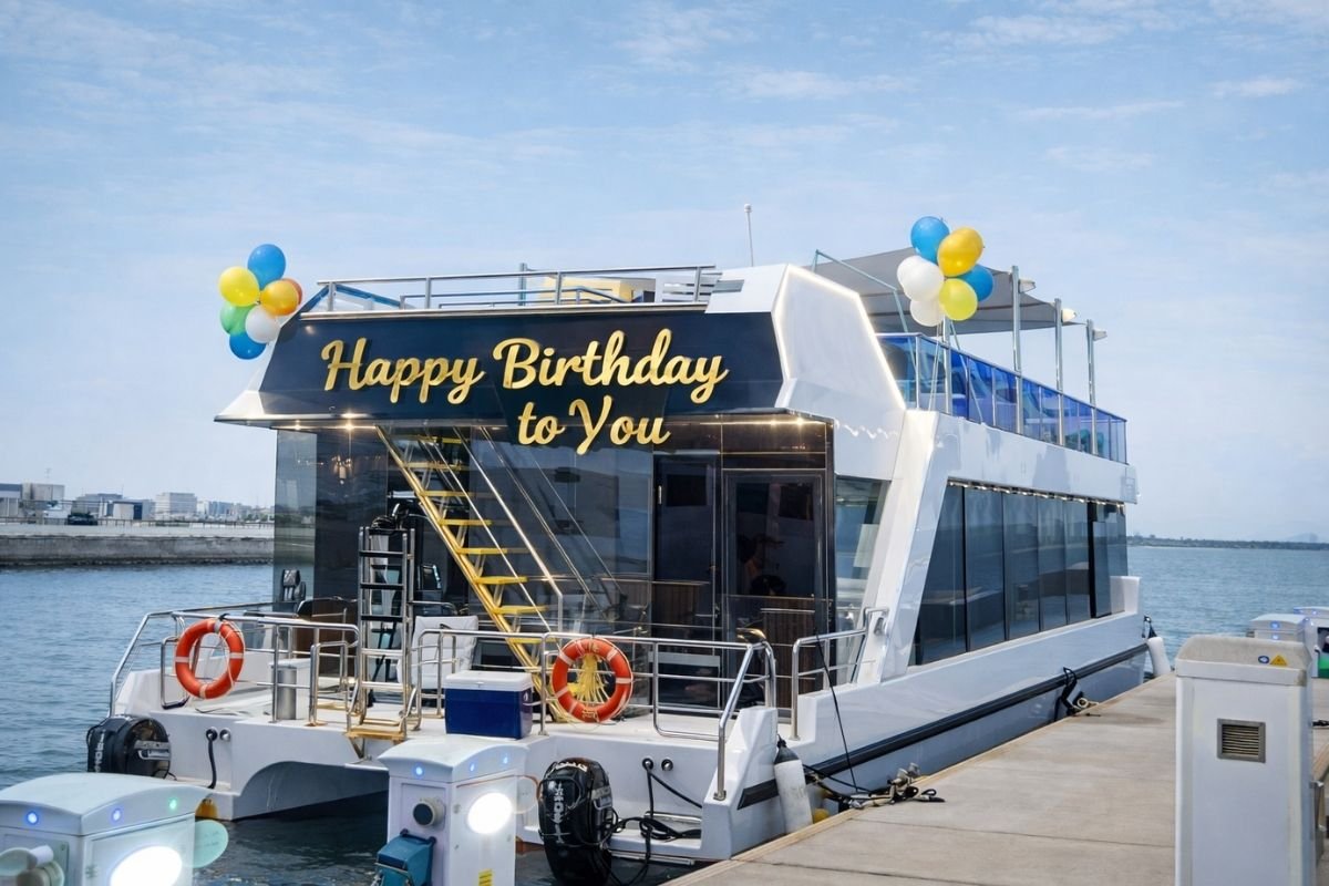 Lavy yacht during daytime decorated with balloons and a “Happy Birthday to You” sign, ideal for birthday yacht rental and special occasions