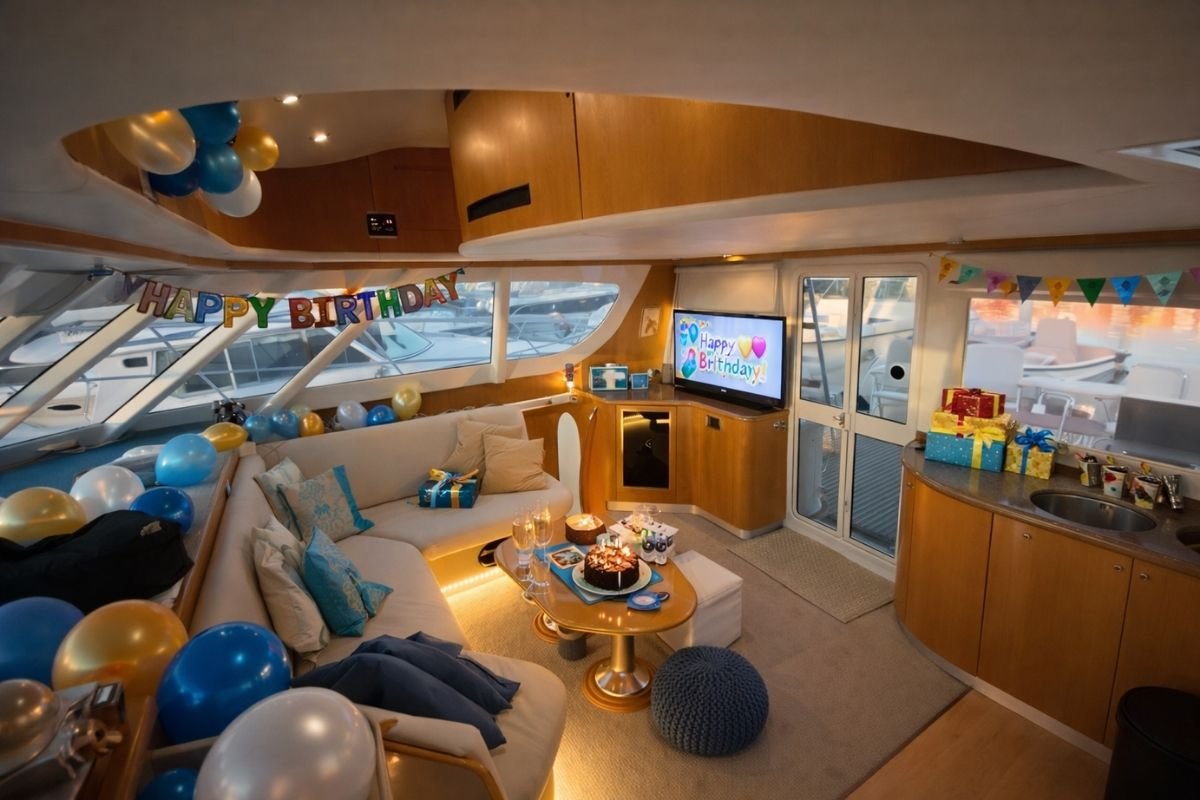 Spacious catamaran deck with seating area and table setup, perfect for relaxing, dining, and private celebrations at sea.