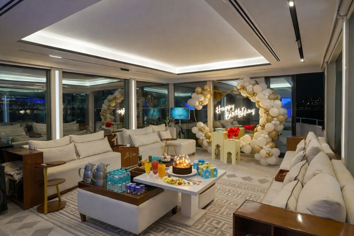 Spacious outdoor deck on the Lavy yacht with comfortable seating, suitable for daytime cruising and private celebrations