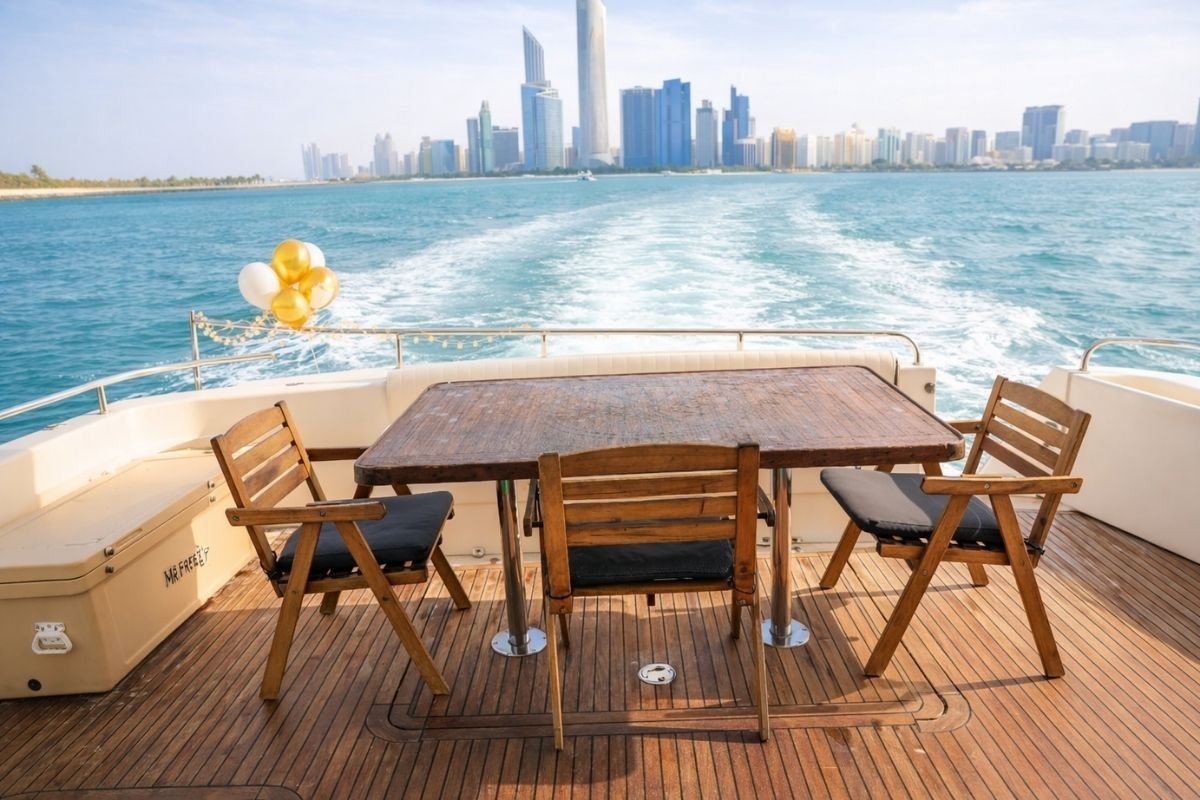 Premium Princess yacht in Abu Dhabi marina for sunset and celebration cruises