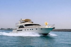 Luxury Princess yacht cruising in Abu Dhabi with panoramic sea views