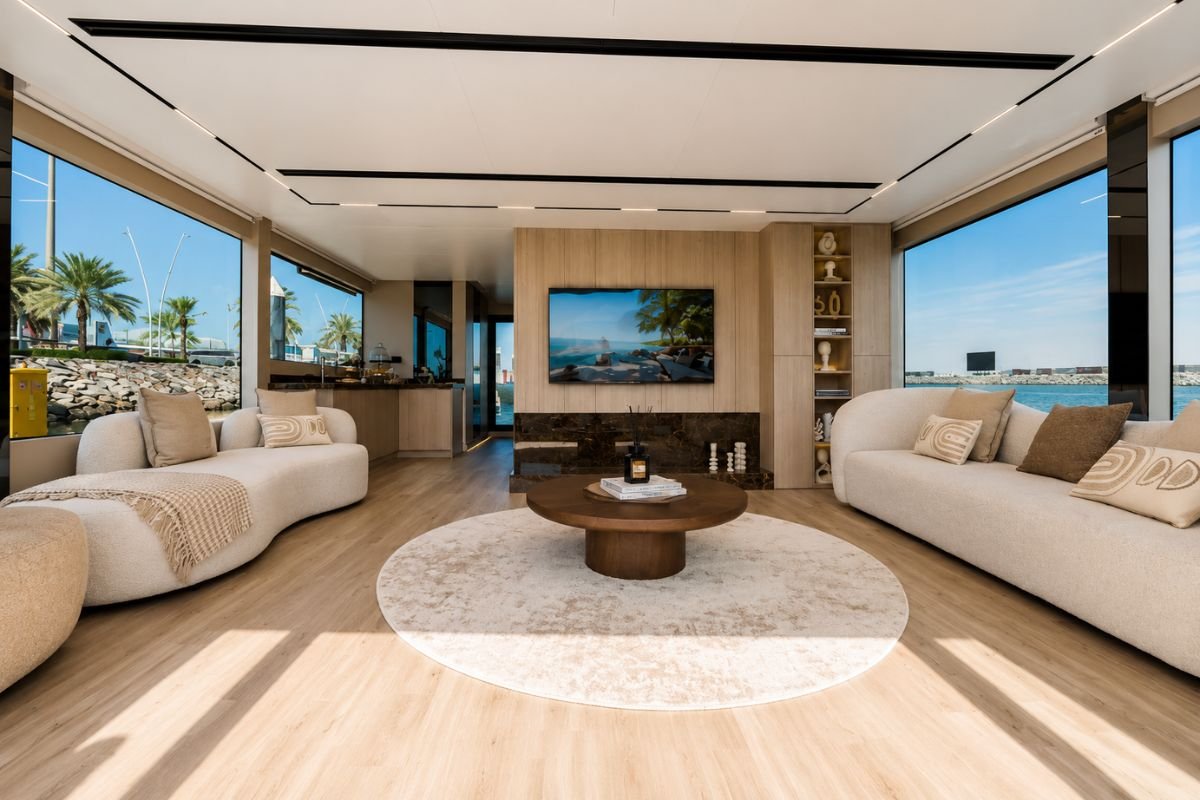 Luxury Maya Boat interior with modern sea view lounge in Abu Dhabi