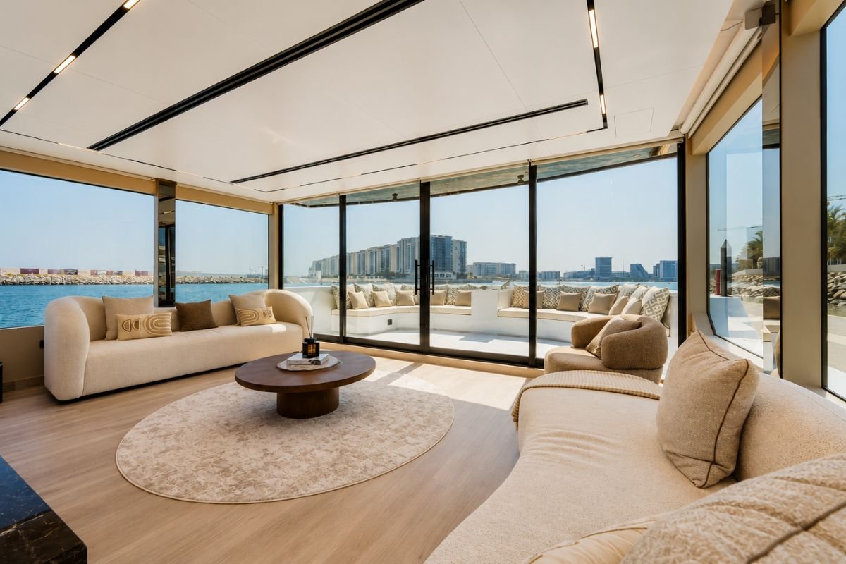 Modern floating yacht villa with luxury living area in Abu Dhabi