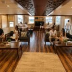 Ocean Majesty luxury event boat in Abu Dhabi accommodating up to 60 guests with stylish indoor and outdoor spaces.