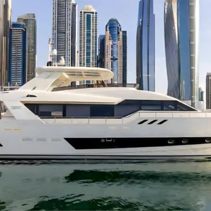 Caliente 96 FT luxury yacht charter moored at Yas Marina for the Abu Dhabi F1 Grand Prix 2026 weekend.