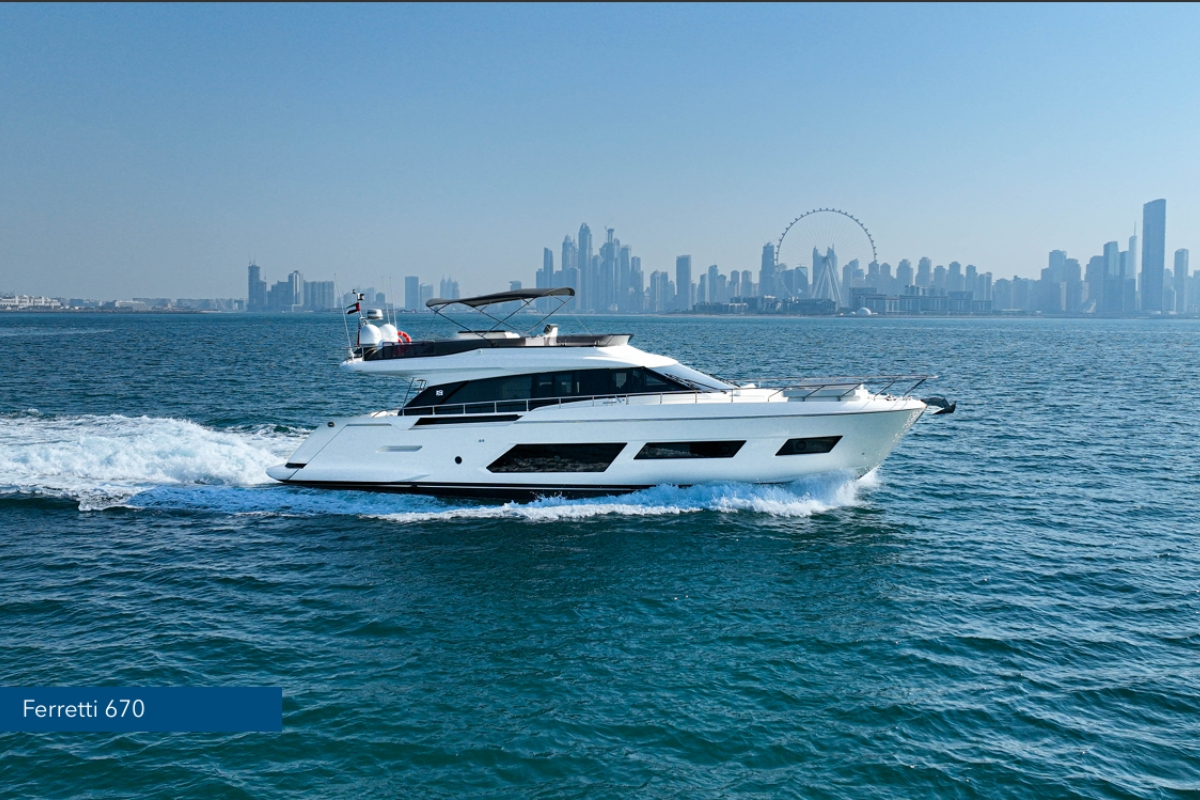 Ferretti 670 F1 trackside yacht charter cruising for the Abu Dhabi Grand Prix weekend.