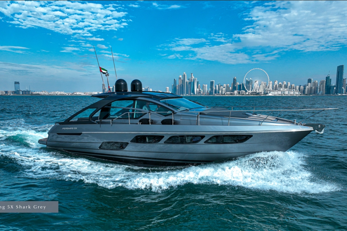 VIP trackside views of the Yas Marina Circuit straightaways captured from the deck of Pershing 5x.