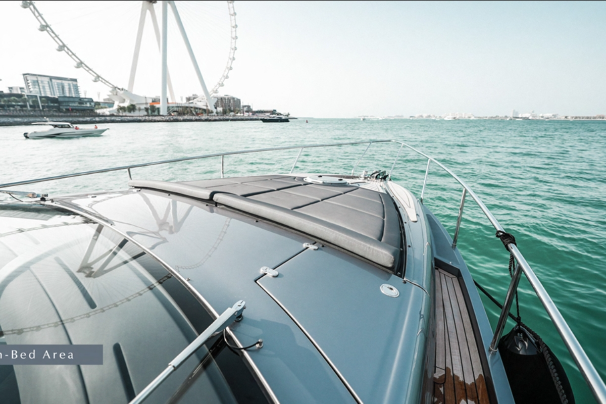Comfortable aft deck lounge area on the Pershing 5x configured for 80 VIP hospitality guests.
