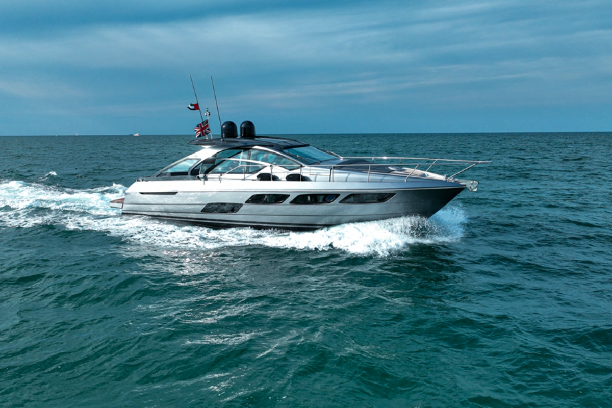 Pershing 5x Shark Grey luxury F1 yacht charter cruising for the Abu Dhabi Grand Prix weekend.
