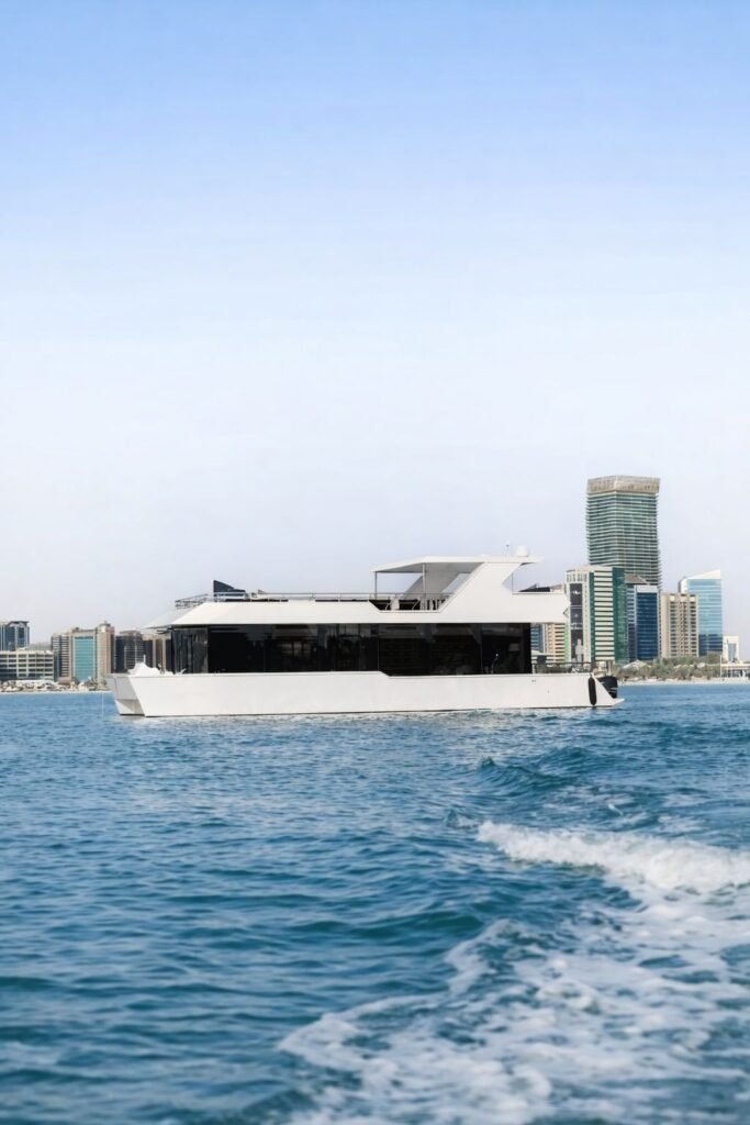 Amber Regent yacht rental cruising past the Abu Dhabi skyline, Yas Marina, Abu Dhabi