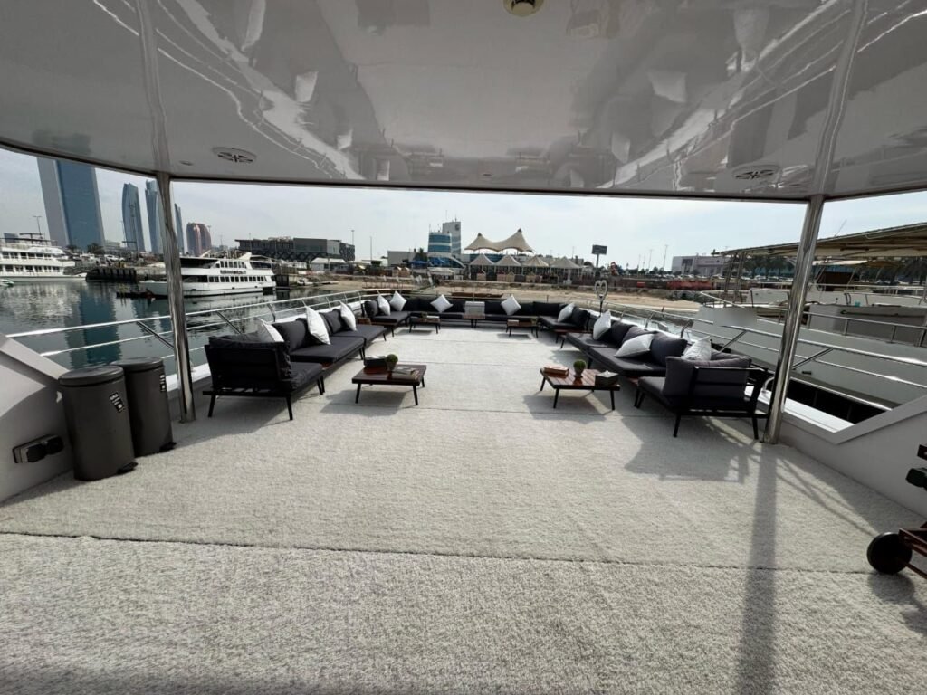Amber Regent yacht rental large upper deck lounge, Yas Marina, Abu Dhabi