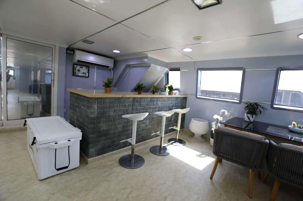 Butinah Boat main lounge with sofas and TV