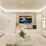 Celestia yacht rental white air-conditioned main salon, Yas Marina, Abu Dhabi