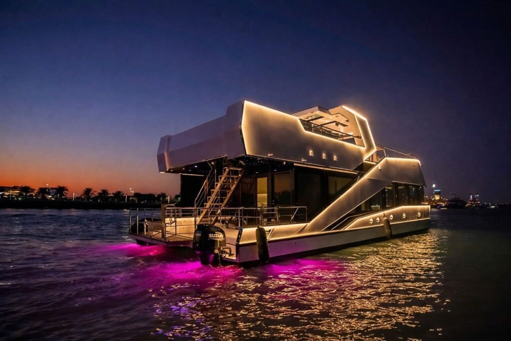 Celestia yacht rental lit up at night with LED outline and underwater lights, Yas Marina, Abu Dhabi