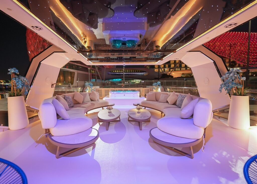 Celestia yacht rental upper lounge with starry ceiling and mood lighting, Yas Marina, Abu Dhabi