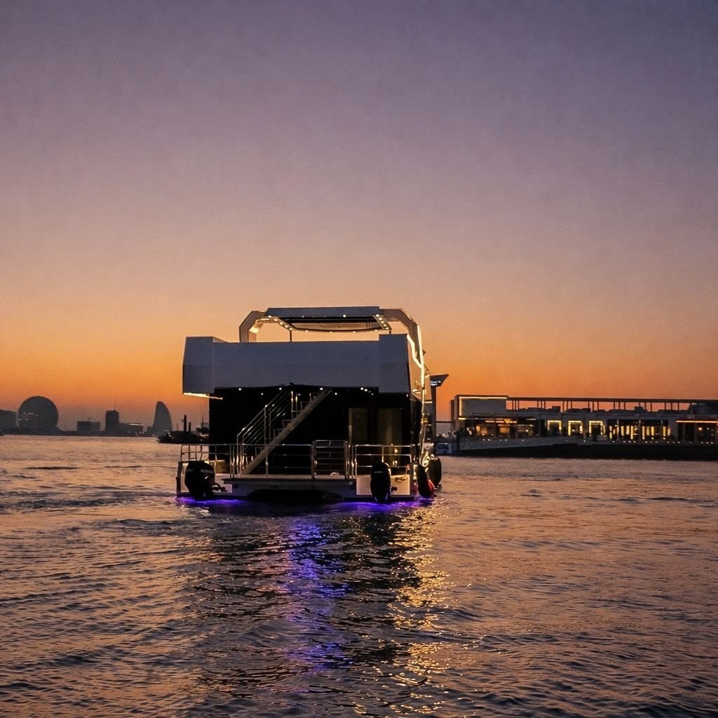 Celestia yacht rental stern deck at sunset, Yas Marina, Abu Dhabi