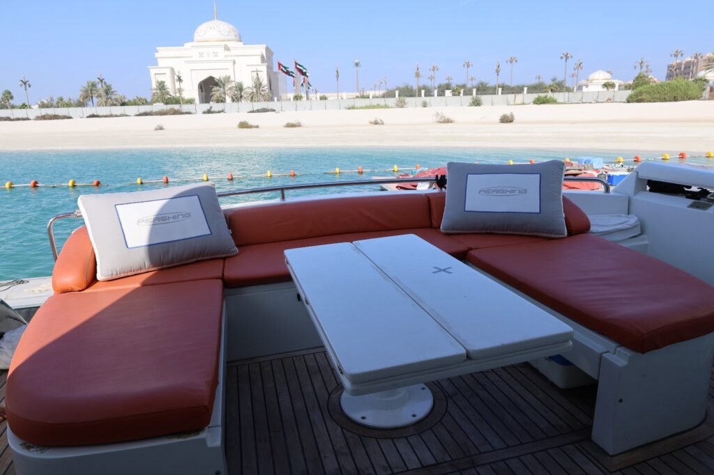 Pershing 62 aft deck lounge with table